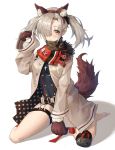  1girl animal_ears bangs belt blush breasts coat commentary_request cross fake_animal_ears fake_tail fox_ears fox_tail girls_frontline grey_hair hair_ornament hair_over_one_eye hk21 hk21_(girls_frontline) jewelry kneeling long_hair long_sleeves looking_at_viewer medium_breasts open_clothes paws red_eyes scarf simple_background solo tail thigh_strap twintails xi_zhujia_de_rbq 