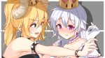  2girls against_wall bangs bare_shoulders black_collar blonde_hair blush bowsette bracelet breasts choker closed_mouth collar collarbone commentary dress earrings gloves green_eyes hair_between_eyes highres hikari_yui horns jewelry large_breasts long_hair looking_at_another looking_away super_mario_bros. multiple_girls new_super_mario_bros._u_deluxe nintendo open_mouth pinned pointy_ears ponytail princess_king_boo sharp_teeth spiked_bracelet spiked_collar spikes super_crown teeth violet_eyes white_dress white_gloves white_hair yuri 