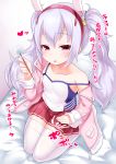  1girl animal_ears azur_lane bangs bed_sheet blush breasts camisole collarbone commentary_request eyebrows_visible_through_hair fingernails fur-trimmed_jacket fur_trim grey_hair hair_between_eyes hair_ornament hairband heart highres holding jacket kirisame_mia laffey_(azur_lane) long_sleeves looking_at_viewer mimikaki open_clothes open_jacket parted_lips pink_jacket pleated_skirt rabbit_ears red_eyes red_hairband red_skirt seiza sitting skirt sleeves_past_wrists small_breasts smile solo strap_slip thigh-highs translated twintails white_camisole white_legwear 