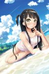  1girl beach black_hair blue_sky blurry blurry_background blush bottomless breasts clouds collarbone day finger_to_mouth hair_ribbon highres index_finger_raised kuro_neko_(yxmikan) long_hair looking_at_viewer lying on_side one_side_up original outdoors ribbon shiny shiny_hair shirt sky sleeveless sleeveless_shirt small_breasts smile solo very_long_hair water wet wet_clothes wet_shirt white_ribbon white_shirt yellow_eyes 
