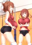 2girls absurdres ass blush breast_padding breasts brown_eyes brown_hair closed_eyes eyebrows_visible_through_hair folded_ponytail gym hair_between_eyes hair_ornament hairclip highres ikazuchi_(kantai_collection) inazuma_(kantai_collection) kantai_collection long_hair looking_at_viewer multiple_girls numpopo open_mouth short_hair small_breasts smile sportswear volleyball volleyball_uniform 