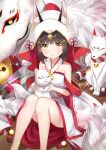  1girl absurdres animal_ears azur_lane bangs bare_shoulders black_hair blush dress eyebrows_visible_through_hair fox fox_ears highres hood hood_up legs long_hair looking_at_viewer nagato_(azur_lane) obi sash sitting solo white_dress wooden_floor yellow_eyes zotari 