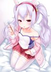  1girl animal_ears azur_lane bangs bed_sheet blush breasts camisole collarbone eyebrows_visible_through_hair fingernails fur-trimmed_jacket fur_trim grey_hair hair_between_eyes hair_ornament hairband heart highres holding jacket kirisame_mia laffey_(azur_lane) long_sleeves looking_at_viewer mimikaki open_clothes open_jacket parted_lips pink_jacket pleated_skirt rabbit_ears red_eyes red_hairband red_skirt seiza sitting skirt sleeves_past_wrists small_breasts smile solo strap_slip thigh-highs twintails white_camisole white_legwear 