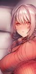  1girl alternate_costume amane_ruri bangs braid breasts commentary_request fate/grand_order fate_(series) florence_nightingale_(fate/grand_order) hair_between_eyes highres large_breasts looking_at_viewer lying parted_lips pink_eyes pink_hair red_sweater ribbed_sweater sidelocks single_braid sweatdrop sweater turtleneck turtleneck_sweater 