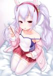 1girl animal_ears azur_lane bangs bed_sheet blush breasts camisole collarbone eyebrows_visible_through_hair fingernails fur-trimmed_jacket fur_trim grey_hair hair_between_eyes hair_ornament hairband heart highres holding jacket kirisame_mia laffey_(azur_lane) lap_pillow_invitation long_sleeves looking_at_viewer mimikaki open_clothes open_jacket parted_lips patting_lap pink_jacket pleated_skirt rabbit_ears red_eyes red_hairband red_skirt revision seiza sitting skirt sleeves_past_wrists small_breasts smile solo strap_slip thigh-highs twintails white_camisole white_legwear 