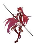  1girl boots breasts dress elbow_gloves fire_emblem fire_emblem_if full_body garter_straps gloves hairband kmkr long_hair looking_at_viewer matoi_(fire_emblem_if) nintendo open_mouth polearm red_eyes red_footwear red_legwear redhead short_dress shoulder_armor simple_background small_breasts solo spear thigh-highs thigh_boots weapon white_background winged_hair_ornament zettai_ryouiki 