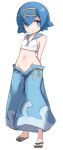  1girl arms_behind_back blue_eyes blue_hair blue_pants blush breasts chestnut_mouth creatures_(company) full_body game_freak hair_ornament karukan_(monjya) navel nintendo pants pokemon short_hair simple_background small_breasts solo standing stomach suiren_(pokemon) white_background 