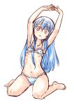  1girl armpit_crease armpits arms_up ass_visible_through_thighs bangs bare_arms bare_legs bare_shoulders barefoot blush bra collarbone_visible_through_hair commentary_request dot_nose eyebrows_visible_through_hair full_body hinanawi_tenshi hips interlocked_fingers leaning_to_the_side light_blue_hair long_hair looking_at_viewer navel nibi pale_color panties parted_lips petite red_eyes ribs simple_background sitting sketch solo straight_hair stretch touhou underwear underwear_only wariza white_background 