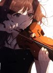  1girl brown_hair clenched_teeth collarbone crying crying_with_eyes_open floating_hair highres holding holding_instrument instrument long_hair music original playing_instrument sleeves solo sweat tears teeth ume_ryou upper_body violin white_background 