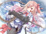  1girl aruka_(alka_p1) bangs blood blood_on_face bloody_clothes blue_sky blush bow bullet clouds cloudy_sky commentary_request day eyebrows_visible_through_hair girls_frontline gloves grey_legwear gun hair_between_eyes hair_bow hair_ornament hairclip hexagram highres holding holding_gun holding_weapon jacket long_hair long_sleeves negev_(girls_frontline) one_side_up outdoors pantyhose parted_lips pink_hair pleated_skirt red_bow red_eyes skirt sky smoke solo star_of_david very_long_hair weapon weapon_request white_gloves white_jacket white_skirt 