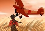  1girl aircraft airplane biplane black_hair from_behind grass hakama houshou_(kantai_collection) japanese_clothes k5y kantai_collection kimono long_hair namakura_neo outdoors ponytail solo_focus sunset 