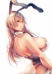  1girl amane_ruri animal_ears ass back bare_back bare_shoulders black_legwear breasts brown_eyes brown_hair bunny_tail bunnysuit detached_collar hair_between_eyes highres large_breasts long_hair original pantyhose parted_lips rabbit_ears simple_background solo tail white_background wrist_cuffs 