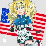  1girl american_flag anbutter_siruko bandaid belt blonde_hair blue_eyes blue_shirt blush breast_pocket breasts collared_shirt crying gambier_bay_(kantai_collection) gloves hair_between_eyes hairband kantai_collection large_breasts long_hair open_mouth pocket shirt short_sleeves shorts solo twintails white_legwear 