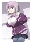 1girl black_skirt breasts copyright_name eyebrows_visible_through_hair from_side grin haruna_mao jacket large_breasts lavender_hair long_sleeves looking_at_viewer off_shoulder pleated_skirt purple_jacket red_eyes shinjou_akane shirt short_hair skirt smile solo ssss.gridman white_shirt 