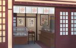  absurdres bakery biako cash_register commentary_request counter display food highres maneki-neko no_humans noren open_door original picture_(object) picture_frame scenery shop sliding_doors storefront table tile_floor tiles translation_request transparent wagashi 