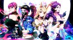  4girls ahri akali animal_ears bare_shoulders baseball_cap black_gloves blonde_hair bracelet breasts choker claws cleavage cropped_jacket double_bun earrings evelynn face_mask feather_trim fingerless_gloves fox_ears glasses gloves hat heart heart_choker heart_earrings heco_(mama) highres idol jacket jewelry k/da_(league_of_legends) k/da_ahri k/da_akali k/da_evelynn k/da_kai&#039;sa kai&#039;sa large_breasts league_of_legends lipstick long_hair looking_at_viewer makeup mask medium_breasts microphone midriff multiple_girls open_clothes open_jacket pince-nez ponytail purple_hair purple_lipstick short_hair single_earring smile spray_can upper_body violet_eyes whisker_markings yellow_eyes 