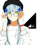  1girl absurdres adjusting_eyewear bangs black-framed_eyewear black_hat blunt_bangs blush bracelet breasts casual character_name cross eyebrows_visible_through_hair facial_mark girls_frontline glasses green_eyes hair_ornament hat highres hk416_(girls_frontline) ichiki_1 jewelry long_hair looking_at_viewer medium_breasts nail_polish parted_lips pink_lips red_nails sidelocks silver_hair solo sweater teardrop upper_body very_long_hair white_sweater wristband 