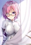  1girl blush bodysuit breasts cosplay curtains fate/grand_order fate_(series) glasses kotatsu_(kotatsu358) large_breasts looking_at_viewer mash_kyrielight pink_hair qin_liangyu_(fate) qin_liangyu_(fate)_(cosplay) short_hair solo violet_eyes 
