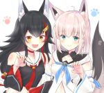  2girls animal_ears black_hair blue_eyes collarbone commentary_request detached_sleeves fang hair_ornament hairclip highres hololive long_hair looking_at_viewer multiple_girls open_mouth paw_pose red_eyes shirakami_fubuki silver_hair simple_background smile tail village_cat virtual_youtuber 