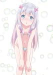  1girl :o bikini blue_eyes blush bow breasts cleavage collarbone eromanga_sensei eyebrows_visible_through_hair gradient_hair hair_between_eyes hair_bow hands_on_own_knees izumi_sagiri leaning_forward long_hair looking_at_viewer multicolored_hair navel new_game! pink_bow pink_hair shiny shiny_hair shokora_(xxde3745) silver_hair small_breasts solo standing swimsuit two-tone_hair very_long_hair white_bikini 