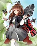  1girl :d antenna_hair bangs blue_sky brown_hair bug butterfly butterfly_wings day flower grey_skirt hair_flower hair_ornament highres insect leaf long_hair long_sleeves looking_at_viewer norikoseal open_mouth outdoors red_eyes sidelocks skirt sky smile solo thigh-highs white_legwear wings 