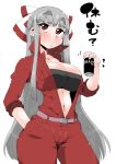  1girl absurdres bandeau bangs belt black_bandeau blush breast_pocket breasts cleavage collarbone commentary_request contrapposto cowboy_shot eyebrows_visible_through_hair eyelashes fujiwara_no_mokou grey_hair hair_spread_out half-closed_eyes half_updo hand_in_pocket highres holding jumpsuit large_breasts long_hair long_sleeves looking_at_viewer midriff narrow_waist navel object_request open_jumpsuit pocket raised_eyebrows red_eyes red_jumpsuit simple_background solo takeu taut_bandeau thick_eyebrows touhou translated unzipped very_long_hair white_background wide_hips 