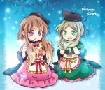  2girls :o alternate_hairstyle apron bangs black_hat blue_background blunt_bangs brown_hair dress english full_body green_dress green_eyes green_hair hat holding holding_hair long_hair multiple_girls nishida_satono pink_dress pote_(ptkan) red_neckwear red_ribbon ribbon sidelocks sitting smile snowflake_background teireida_mai touhou violet_eyes waist_apron yellow_neckwear 