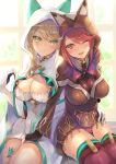  2girls animal_ears animal_hood backlighting bangs blonde_hair blurry breasts cat_hood cleavage cleavage_cutout closed_mouth commentary_request covered_navel cowboy_shot depth_of_field earrings eyebrows_visible_through_hair fingerless_gloves gem gloves hand_on_another&#039;s_leg highres mythra_(xenoblade) hinot pyra_(xenoblade) hood hood_up hooded_jacket indoors jacket jewelry large_breasts long_hair long_sleeves looking_at_viewer multiple_girls nintendo parted_lips red_eyes red_legwear redhead shiny shiny_skin short_hair shoulder_armor sitting smile sunlight swept_bangs thigh-highs thigh_strap thighs window xenoblade_(series) xenoblade_2 yellow_eyes 