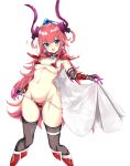 1girl :d armor bikini_armor black_gloves black_legwear blue_eyes blush breasts cape earrings elbow_gloves elizabeth_bathory_(brave)_(fate) elizabeth_bathory_(fate)_(all) fafas68 fang fate/grand_order fate_(series) gauntlets gloves groin highres horns jewelry long_hair looking_at_viewer medium_breasts navel open_mouth pauldrons pink_hair simple_background smile solo standing sweat thigh-highs tiara under_boob white_background 