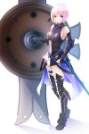  1girl armored_boots armored_leotard black_legwear black_leotard boa_sorte boots breasts breasts_apart eyebrows_visible_through_hair fate/grand_order fate_(series) faulds floating_hair full_body gloves hair_between_eyes highres holding holding_shield holding_sword holding_weapon leotard looking_at_viewer mash_kyrielight medium_breasts pink_hair shield shiny shiny_clothes shiny_hair short_hair simple_background smile solo standing sword thigh-highs weapon white_background yellow_eyes 