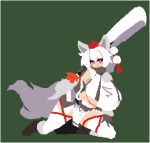  1girl animal_ears bangs closed_mouth commentary_request flat_color full_body green_background inubashiri_momiji looking_at_viewer lowres no_lineart pom_pom_(clothes) red_eyes simple_background smile solo tail takorin tassel touhou white_hair white_legwear wolf_ears wolf_girl wolf_tail 