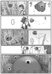  ... 1girl ? afterimage bangs bare_shoulders cerulean_(kemono_friends) comic crossover eyes_visible_through_hair floating flying_sweatdrops freckles goggles goggles_on_head greyscale highres kaze_no_tani_no_nausicaa kemono_friends kishida_shiki kyoshinhei looking_at_another monochrome motion_lines one-eyed original short_hair silent_comic spoken_ellipsis spoken_question_mark spoken_squiggle squiggle staff 
