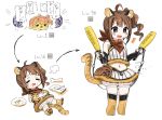  /\/\/\ 1girl =3 adapted_uniform ahoge animal_ears animal_print baseball_glove baseball_uniform black_gloves bone bridal_gauntlets brown_hair cat_paws closed_eyes commentary_request crumbs crying drill_hair egg elbow_gloves evolution fang food food_on_face fur_trim gloves hatching highres holding_stomach idolmaster idolmaster_million_live! level_up lying multiple_views navel neckerchief on_back orange_legwear partial_commentary paws plate ponytail puffy_shorts shorts side_ponytail simple_background skirt skirt_set sleeveless spawnfoxy speech_bubble sportswear stomach_bulge stomach_growling tail thigh-highs tiger_ears tiger_print tiger_tail violet_eyes white_background yokoyama_nao 