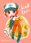  1girl :d agent_8 boots egg elbow_gloves gloves hat heart highres jumpsuit leaning_forward net octoling open_mouth pink_eyes rubber_boots rubber_gloves salmon_run shirt short_hair shoulder_strap smile solo splatoon splatoon_(series) splatoon_2 splatoon_2:_octo_expansion tentacle tentacle_hair white_shirt yaya_(yayaya) 