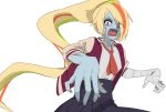  1girl bandage blonde_hair eyebrows_visible_through_hair eyes_visible_through_hair facial_scar hair_over_one_eye jacket letterman_jacket long_hair looking_at_viewer multicolored_hair necktie nikaidou_saki outstretched_arms pettan ponytail scar solo streaked_hair zombie zombie_land_saga zombie_pose 