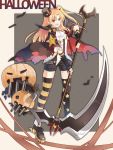  androgynous azur_lane bat blonde_hair breasts cape cleveland_(azur_lane) fang fangs halloween halloween_costume hat kkkula_(kula) mismatched_legwear one_side_up pointy_ears ponytail pumpkin red_eyes scythe small_breasts thigh-highs top_hat 