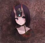  1girl artist_name bangs black_choker black_shirt brown_background choker collarbone commentary_request eyebrows_visible_through_hair fate/grand_order fate_(series) head_tilt headpiece highres horns lawnielle looking_at_viewer oni oni_horns parted_lips purple_hair shirt short_eyebrows short_hair shuten_douji_(fate/grand_order) solo thick_eyebrows upper_body violet_eyes 