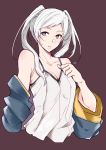  1girl bare_shoulders breasts camisole cleavage cloak collarbone female_my_unit_(fire_emblem:_kakusei) fire_emblem fire_emblem:_kakusei ganbaru_(tkstsukachiku) grey_eyes highres long_hair looking_at_viewer medium_breasts my_unit_(fire_emblem:_kakusei) nintendo off_shoulder purple_background simple_background solo spaghetti_strap twintails upper_body white_hair 