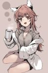  1girl animal_ears bags_under_eyes barefoot black_shorts blush breasts brown_hair cat_ears cleavage coffee commentary_request cup eyebrows_visible_through_hair ganesagi girls_frontline hair_between_eyes hair_ornament holding labcoat long_hair looking_at_viewer medium_breasts messy_hair open_mouth persica_(girls_frontline) red_eyes shirt short_shorts shorts sitting smile solo 