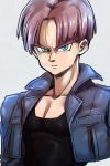  1boy black_shirt blue_eyes denim denim_jacket dragon_ball dragonball_z expressionless eyebrows_visible_through_hair frown grey_background jacket looking_at_viewer male_focus purple_hair serious shirt short_hair simple_background st62svnexilf2p9 trunks_(dragon_ball) upper_body 