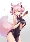  1girl animal_ear_fluff animal_ears bangs bare_shoulders bell black_dress black_gloves blush breasts center_opening china_dress chinese_clothes dress fan fate/grand_order fate_(series) folding_fan fox_ears fox_girl fox_tail gloves hair_between_eyes hand_on_own_chest highres hips jingle_bell koyanskaya large_breasts liu_lan long_hair looking_to_the_side open_mouth pink_hair sideboob sidelocks smile solo tail tassel thighs tied_hair under_boob white_background yellow_eyes 