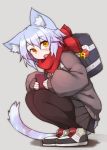  1girl animal_ears bag black_legwear blue_hair blush cat_ears cat_tail cellphone fang grey_background highres looking_at_viewer open_mouth orange_eyes original pantyhose phone red_scarf ryota_tentei scar scarf short_hair simple_background skirt smartphone solo tail tora_tentei 