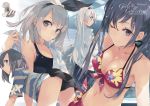  4girls ;) all_fours bikini black_shorts breasts cleavage collarbone floral_print front-tie_bikini front-tie_top grey_eyes grey_skirt groin hairband highres long_hair looking_at_viewer looking_back medium_breasts multiple_girls navel novel_illustration official_art one-piece_swimsuit one_eye_closed pleated_skirt ponkan_8 print_bikini red_bikini seitokai_tantei_kirika shirt short_shorts short_sleeves shorts silver_hair skirt skirt_pull smile striped striped_shirt swimsuit undressing white_shirt 