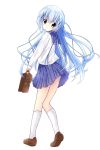  1girl absurdres bag blue_eyes blue_hair blue_sailor_collar blue_skirt blush brown_footwear eyebrows_visible_through_hair from_side full_body gochuumon_wa_usagi_desu_ka? hair_between_eyes hair_ornament hairclip highres holding kafuu_chino kneehighs long_hair long_sleeves looking_at_viewer looking_back makoto_(makoto2468) older pleated_skirt sailor_collar school_bag school_uniform serafuku shirt simple_background skirt smile solo standing very_long_hair white_background white_legwear white_shirt 