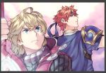  2boys armor blonde_hair blue_eyes cape fire_emblem fire_emblem:_fuuin_no_tsurugi gloves headband male_focus monado multiple_boys nintendo redhead roy_(fire_emblem) short_hair shulk simple_background super_smash_bros. sword tomentomob weapon xenoblade_(series) xenoblade_1 