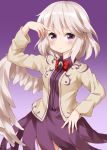  1girl alternate_eye_color arm_up bangs beige_jacket blush bow bowtie breasts brooch commentary_request cowboy_shot dress eyebrows_visible_through_hair feathered_wings gradient gradient_background hair_between_eyes highres jacket jewelry kishin_sagume looking_at_viewer medium_breasts open_clothes open_jacket purple_background purple_dress red_bow red_neckwear ruu_(tksymkw) short_hair silver_hair single_wing solo touhou violet_eyes white_wings wing_collar wings 