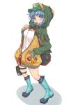  1girl alternate_costume arched_back badge bag bangs blue_eyes blue_footwear blue_hair blunt_bangs boots breasts button_badge character_name commentary_request cucumber drawstring dress eating emoji eyebrows_visible_through_hair green_hat green_neckwear hand_in_pocket hat holding hood hooded_jacket jacket kappa kawashiro_nitori key large_breasts long_sleeves looking_at_viewer mumulatte nail_polish pocket pouch shoulder_bag simple_background solo standing thigh_strap touhou white_background white_dress 