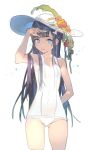  1girl arm_behind_back ass_visible_through_thighs bangs blue_eyes blunt_bangs commentary_request covered_navel cowboy_shot eyebrows_visible_through_hair flower hair_ornament hand_up hat hat_flower highres koyoi_mitsuki long_hair looking_at_viewer one-piece_swimsuit original parted_lips sketch smile solo standing sun_hat swimsuit white_background white_hat white_swimsuit 