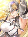  1girl armor armored_dress armpits arms_up bangs blonde_hair blue_eyes breasts chains closed_mouth eyebrows_visible_through_hair fate/grand_order fate_(series) gauntlets headpiece jeanne_d&#039;arc_(fate) jeanne_d&#039;arc_(fate)_(all) kitagawa_onitarou large_breasts long_hair looking_at_viewer solo upper_body 