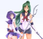  2girls age_difference ass ass_visible_through_thighs bare_shoulders bishoujo_senshi_sailor_moon bow choker covered_navel earrings elbow_gloves gloves green_hair hair_bun height_difference highres jewelry long_hair meiou_setsuna multiple_girls navel pleated_skirt purple_hair red_eyes sailor_collar sailor_pluto sailor_saturn scythe simple_background skirt sonota_taisei staff standing tomoe_hotaru violet_eyes white_background wind 